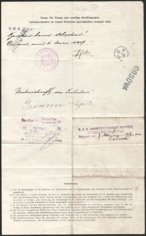 1918 Dunai Flottila. S.M.S. UNA. Richard Grimm, az S.M.S. Una 25 éves matróza 1917. május 6-i menetlevele...