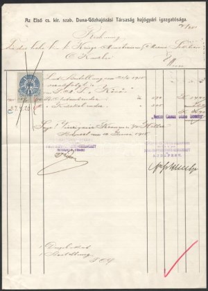 1915 Kézzel írt igazolás az S.M.S. Körös - Dunai Flottila monitor hajópecsétjével DDSG számlán, a hajó tisztjétől ...