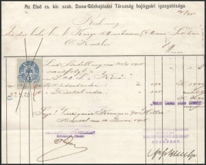 1915 Kézzel írt igazolás az S.M.S. Körös - Dunai Flottila monitor hajópecsétjével DDSG számlán, a hajó tisztjétől ...