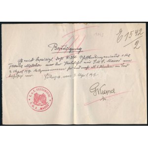 1917 Kézzel írt igazolás az S.M.S. Maros Dunai Flottila monitor hajópecsétjével ...