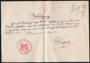 1917 Kézzel írt igazolás az S.M.S. Maros Dunai Flottila monitor hajópecsétjével ...