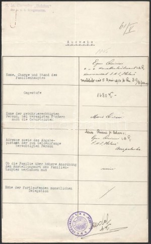 1915 Dunai Flottilla. Egon Quirini (tartalékos) Korvettenkapitány gépelt személyi lapja az S.M.S...