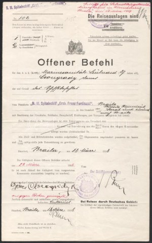 1918 Dunai Flottila. Nyílt parancs D. Csongrady hadnagynak és az Erzh. Franz Ferdinand kórházhajó matrózának egy oda...