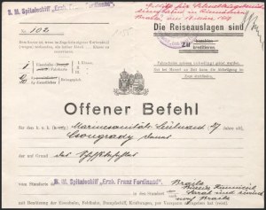 1918 Dunai Flottila. Nyílt parancs D. Csongrady hadnagynak és az Erzh. Franz Ferdinand kórházhajó matrózának egy oda...