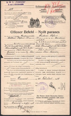 1918 Dunai Flottila. S.M.S. Samson Nyílt parancs amelyet a 28 éves gépész, Stefan Wallencz részére állítottak ki...