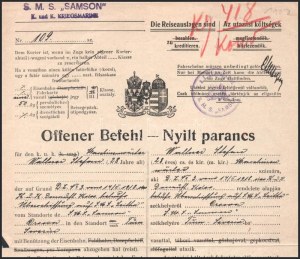 1918 Dunai Flottila. S.M.S. Samson Nyílt parancs amelyet a 28 éves gépész, Stefan Wallencz részére állítottak ki...
