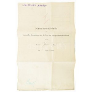 1913 Az S.M.S. Árpád osztrák-magyar hadihajó kimutatása a júniusban fedélzetre lépett magas rangú tisztekről...