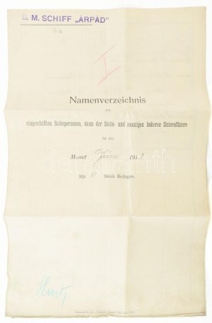 1913 Az S.M.S. Árpád osztrák-magyar hadihajó kimutatása a júniusban fedélzetre lépett magas rangú tisztekről...