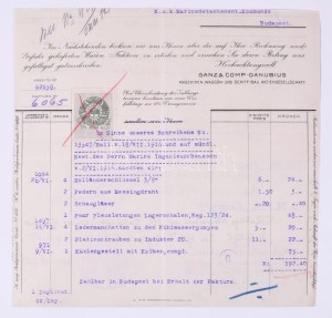 1916 Az S.M. Pb. Barsch - Dunai Flottila hajó részére készült Ganz számla és igazolás...
