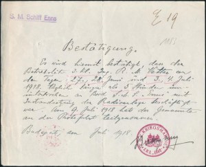 1918 Az S.M.S. Enns - Dunai Flottila monitor parancsnokának kézzel írt igazolása egy matróz részére...