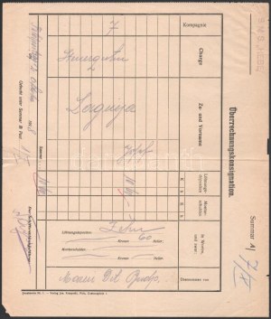 1918 Dunai Flottilla.S.M. Stabschiff Hebe 10 korona 60 heller átutalási megbízási nyomtatvány a Hebe S.M.S....