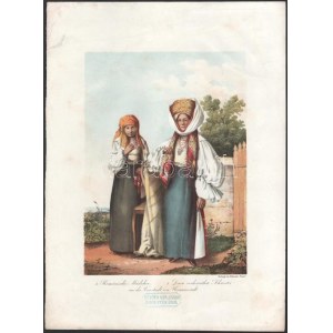 1855 Románia lányok, az idősebb házas testvér Nagyszebenből (Erdély), színezett litográfia hagyatéki pecséttel...