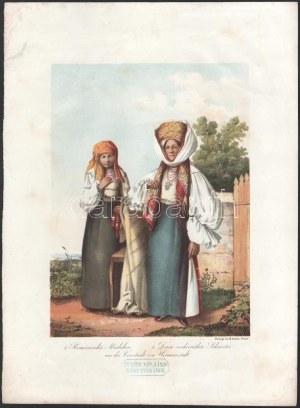 1855 Románia lányok, az idősebb házas testvér Nagyszebenből (Erdély), színezett litográfia hagyatéki pecséttel...