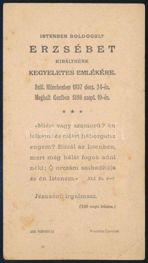 1898 Erzsébet királyné halála alkalmából kiadott képes gyászkártya