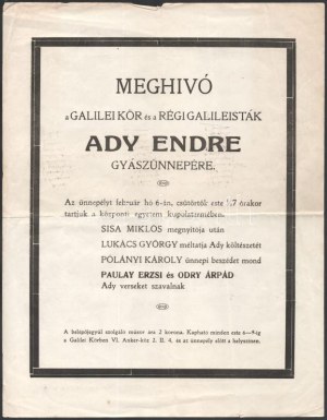 ca 1920 Meghívó a Galilei kör és a régi galileisták Ady Endre gyászünnepélyére. Lukács György, Pólányi Károly...