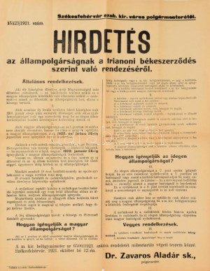 1921 Hirdetés az állampolgárságnak a trianoni békeszerződés szerint való rendezéséről, Székesfehérvár Zavaros Aladár...