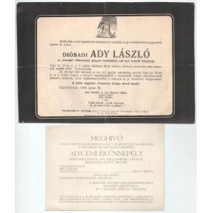 1928 dióasadi Ady László, Ady Endre testvérének halotti értesítője 24x14 cm + Meghívó Ady emlékünnepélyre...