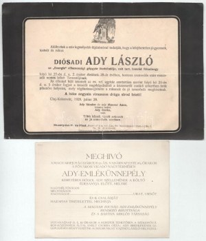 1928 dióasadi Ady László, Ady Endre testvérének halotti értesítője 24x14 cm + Meghívó Ady emlékünnepélyre...
