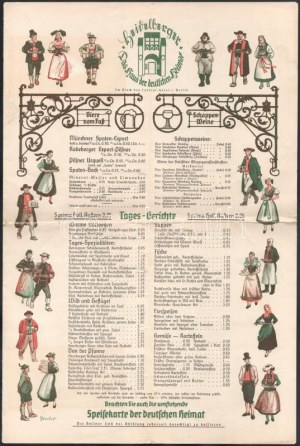 1934 Heidelberger, Das Haus der Deutschen Heimat, az itteni étterem ét- és itallapja, két nagyméretű kinyitható lap...