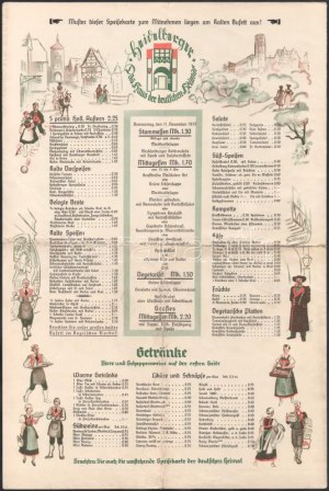 1934 Heidelberger, Das Haus der Deutschen Heimat, az itteni étterem ét- és itallapja, két nagyméretű kinyitható lap...