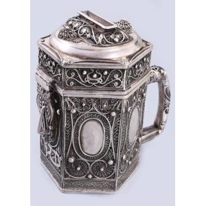 Cödaka / Tzedakah adománygyűjtő persely. Filigrán ezüst (Ag) 925 finomság. Oroszország XX. sz, jelzett, 598 h, m...