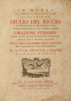 In morte del nobile e virtuoso uomo monsignore Giulio del Riccio canonico della metropolitana e vicario generale della c