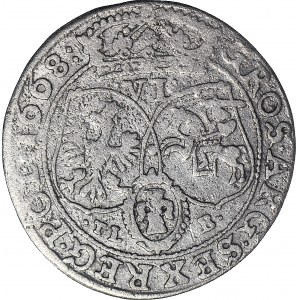 RR-, Jan II Kazimierz, Szóstak Bydgoszcz 1668 TLB, popiersie 1667