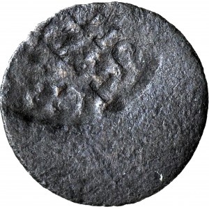 RRR-, August III, Szeląg 1763 Elbląg, destrukt, awers pozytywowy, rewers negatywowy