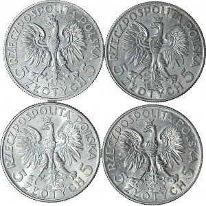 4 szt. zestaw monet II RP, 5 zł 1932-1933 Głowa, piękne
