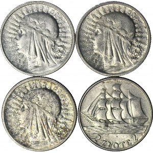 4 szt. zestaw monet II RP, 2 zł 1932,33 Głowa, 1936 Żaglowiec