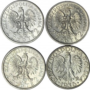 4 szt. zestaw monet II RP, 2 zł 1932,33 Głowa, 1936 Żaglowiec