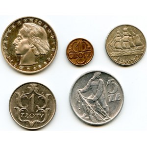 Zestaw pięciu monet, CIEKAWY (między innymi 5 złotych 1958 wąska ósemka) ciekawy
