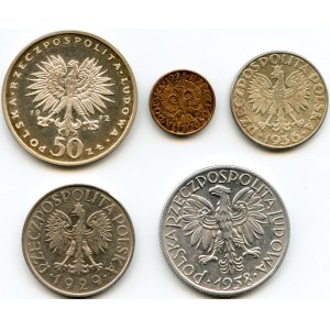 Zestaw pięciu monet, CIEKAWY (między innymi 5 złotych 1958 wąska ósemka) ciekawy