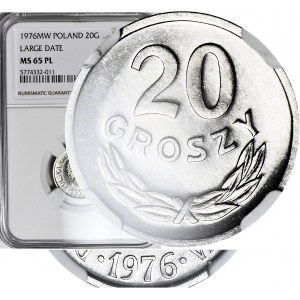 RRR-, 20 groszy 1976, duża data, PROOFLIKE, rzadki rocznik w PL