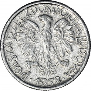 R-, 5 złotych 1958 Rybak, WĄSKA ÓSEMKA, fałszerstwo z epoki w aluminium