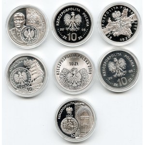 Zestaw siedmiu srebrnych monet kolekcjonerskich 10 złotych, ciekawsze typy