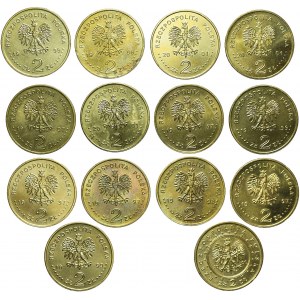 Zestaw czternastu monet 2 złote, ciekawsze typy