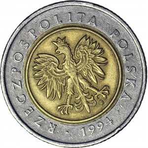 RR-, 5 złotych 1994, DESTRUKT, ODWROTKA 170 stopni