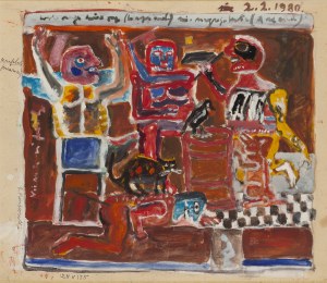 Eugeniusz Markowski (1912 Warsaw - 2007 Warsaw), Four figures with a bird and a cat, 1980