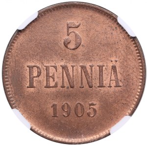 Finland (Russia) 5 Penniä 1905 - NGC MS 63 RB