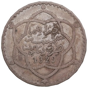 Morocco (Paris mint) 5 Dirhams AH 1329 / 1911 - Abd al-Hafiz (1908-1912)