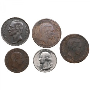 Group of World coins: Spain, USA, Sarawak (5)