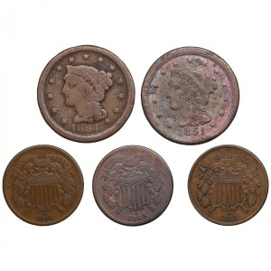 USA 2 Cents 1864, 1865, 1 Cent 1851, 1854 (5)