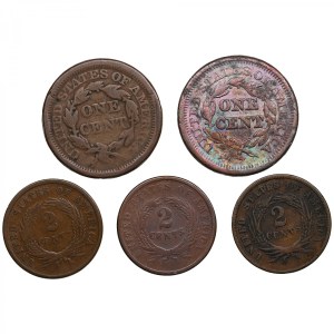 USA 2 Cents 1864, 1865, 1 Cent 1851, 1854 (5)