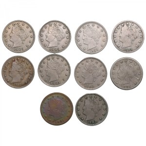 USA 5 Cents 1883, 1887, 1891, 1902, 1904, 1905, 1906, 1908, 1912 (10)