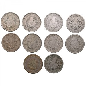 USA 5 Cents 1883, 1887, 1891, 1902, 1904, 1905, 1906, 1908, 1912 (10)