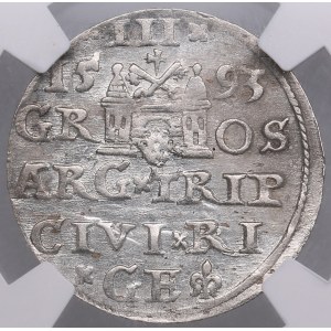 City of Riga under Polish rule, AR 3 Groszy (Trojak) 1593 - Sigismund III Vasa (1587-1632) - NGC MS 61