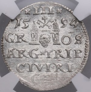 City of Riga under Polish rule, AR 3 Groszy (Trojak) 1594 - Sigismund III Vasa (1587-1632) - NGC MS 62