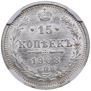 Russia 15 Kopecks 1908 СПБ-ЭБ - Nicholas II (1894-1917) - NGC MS 66