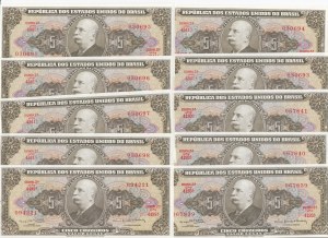 Brazil 5 Cruzeiros ND (1962-1964)- Consecutive numbers (10)